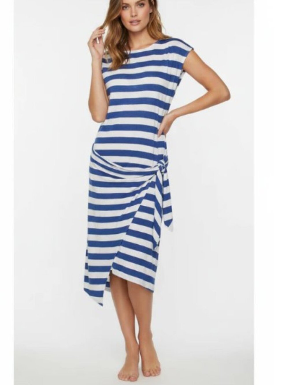 Polo Ralph Lauren Linen Wrap Midi Dress Blue Stripe Boat Neck Medium